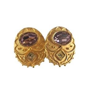Vintage Maresco Earrings Clip On Seigned Gold Tone Purple White 1.5" Statement